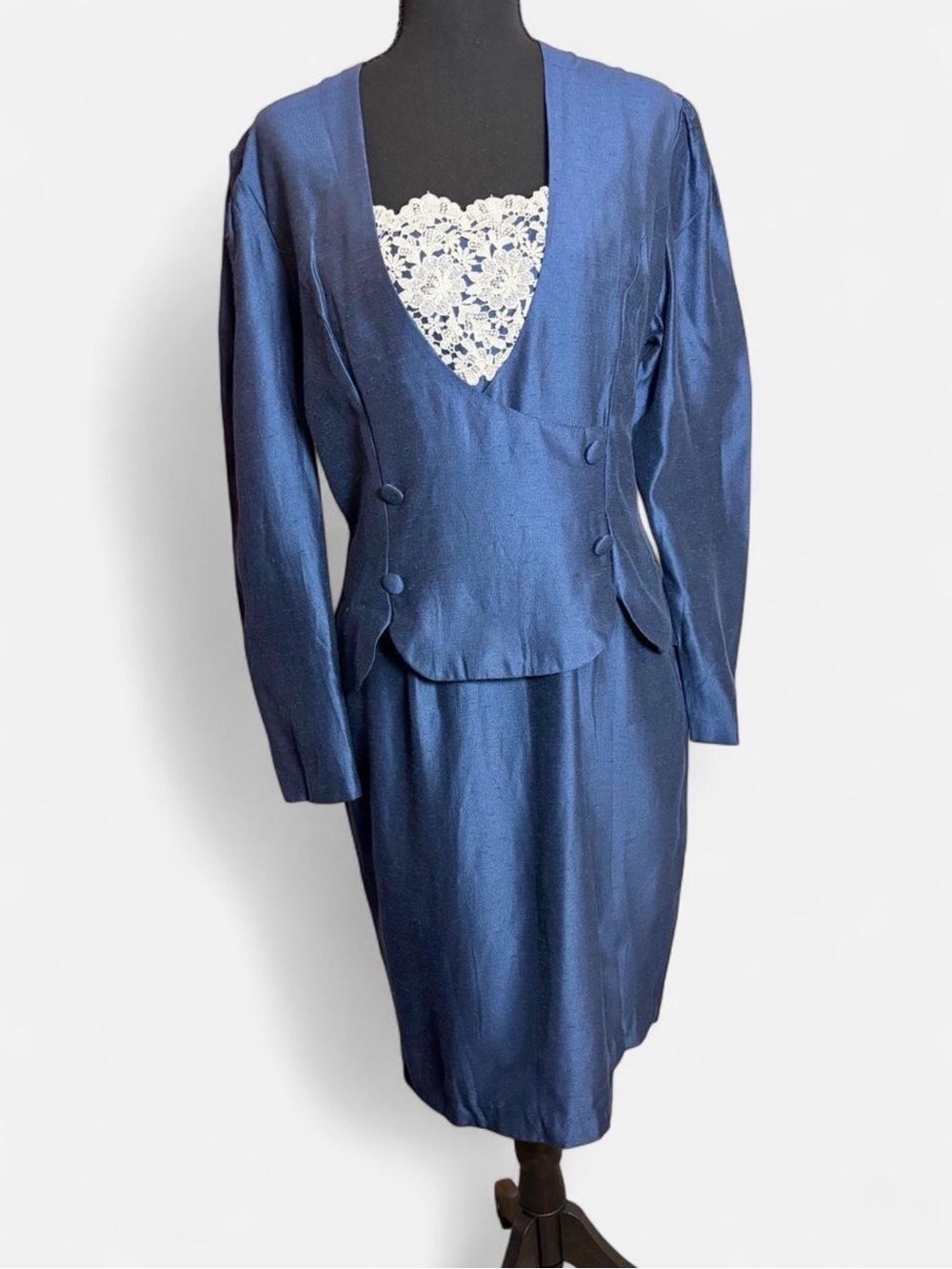 Vintage Blue Satin Dress with Lace Trim
